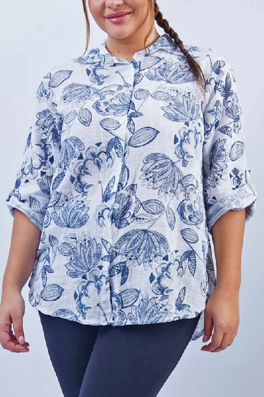 Flower Print Button Up Cotton Shirt Relaxed Button-Down Short Shirt