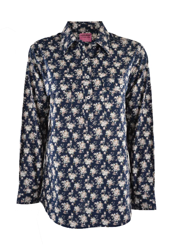 Hard Slog Ladies Print Half Placket L/S Shirt - Navy - H1S2101036 Classic Solid Short Shirt