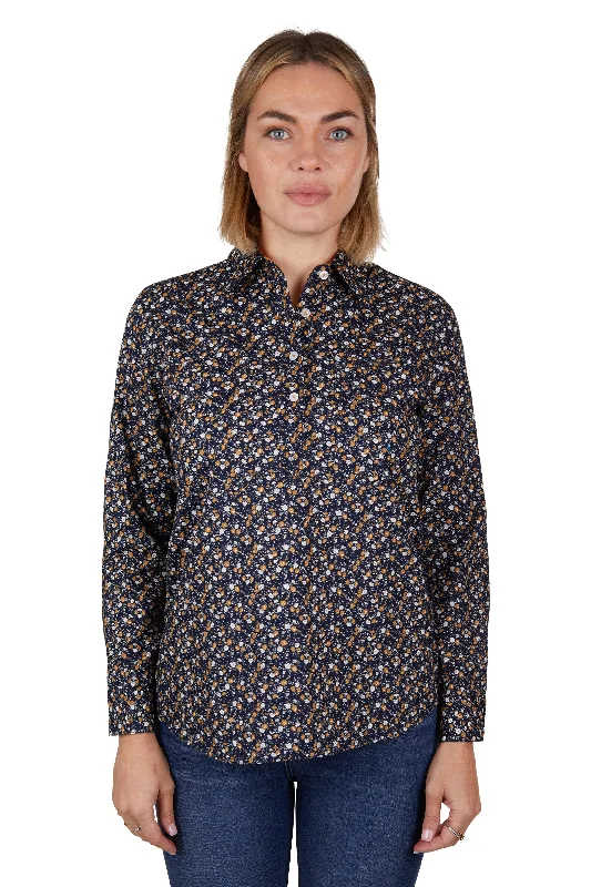 Hard Slog Ladies Sharon Half Placket L/S Shirt - Navy/Tan - H4W2101203 Stylish Short Sleeve Polo