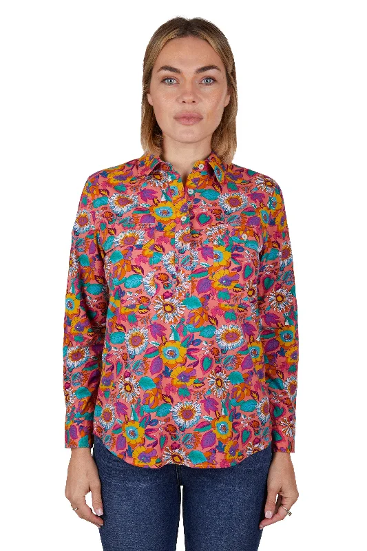 Hard Slog Ladies Susie Half Placket L/S Shirt - Multi - H4W2101204 Fashionable Draped Short Sleeve