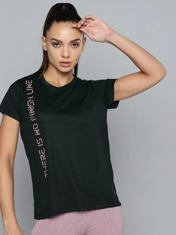 HRX By Hrithik Roshan Running Women Jet Black Rapid-Dry Typography Tshirts Stylish Short Sleeve Polo