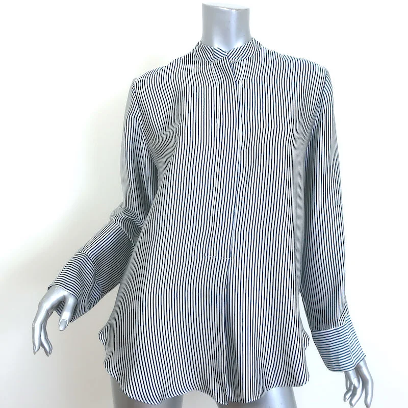 Jenni Kayne Striped Silk Shirt Navy/White Size Extra Small Long Sleeve Top Cozy Cotton Short Tee