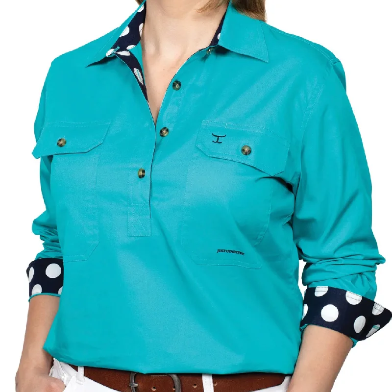 Just Country Womens Jahna Trim Half-Button LS Shirt-TURQUOISE Casual Button-Down Short Shirt