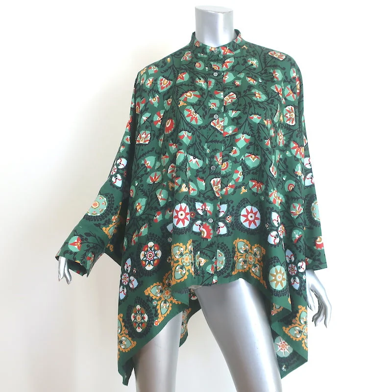 La DoubleJ Foulard Shirt Green Printed Silk Twill Size Small Oversize Blouse Classic Denim Short Sleeve