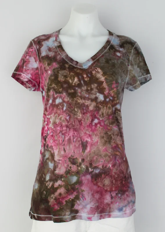 Ladies V neck T shirt - size Large - Raspberry Brownie crinkle Soft Cotton Short Shirt