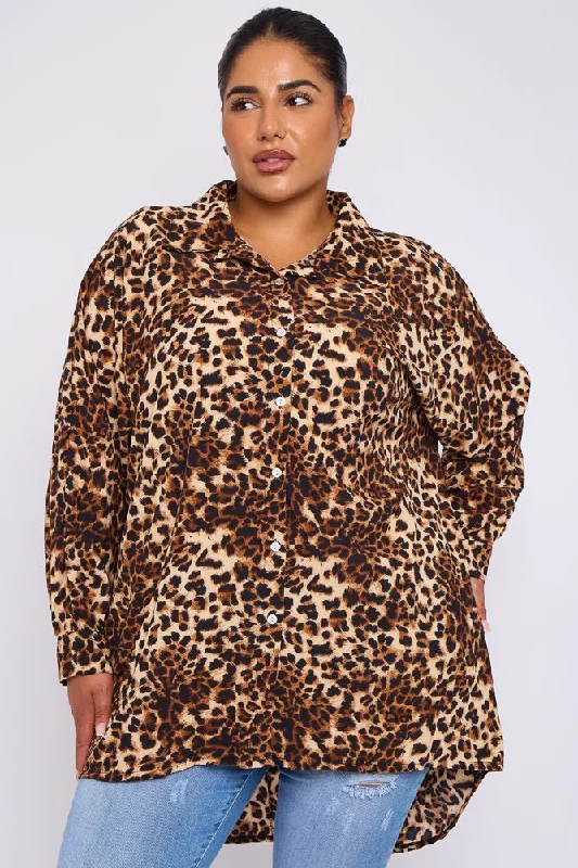 Leopard Print Collar High Low Hem Shirt Relaxed Short Sleeve Tee