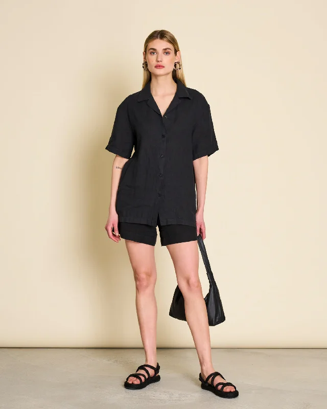 LINEN SHIRT GENT BLACK Casual Ruffle Short Shirt