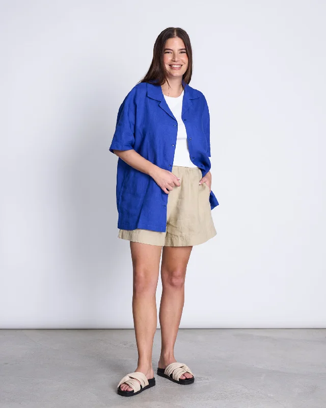 LINEN SHIRT GENT BLUE Fashionable Rounded Short Shirt