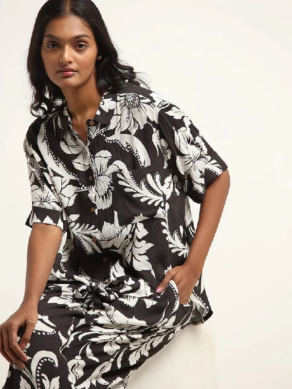 LOV Black Printed Shirt Casual Button-Down Short Shirt