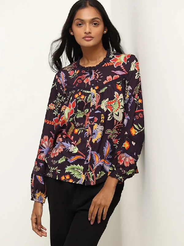 LOV Dark Purple Printed Shirt Classic Solid Short Shirt