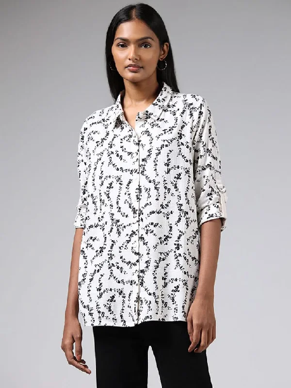 LOV Off White Floral Blended Linen Shirt Soft Cotton Short Tee