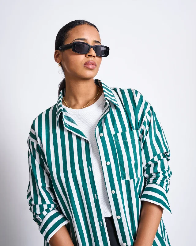 OVERSIZED SHIRT MAMRO BOTTLE GREEN STRIPED Soft Cotton Short Shirt