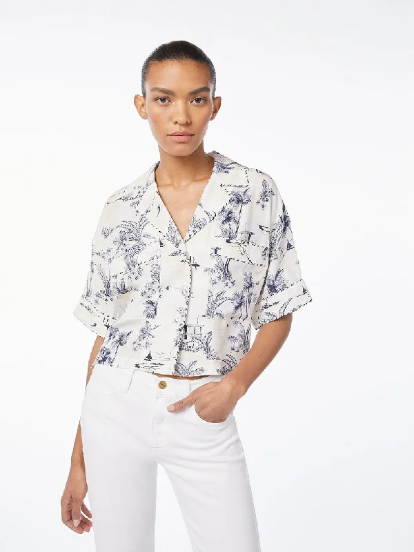 Silk Mixed Toile Hawaiian Shirt -- Navy Multi Soft Silk Short Sleeve