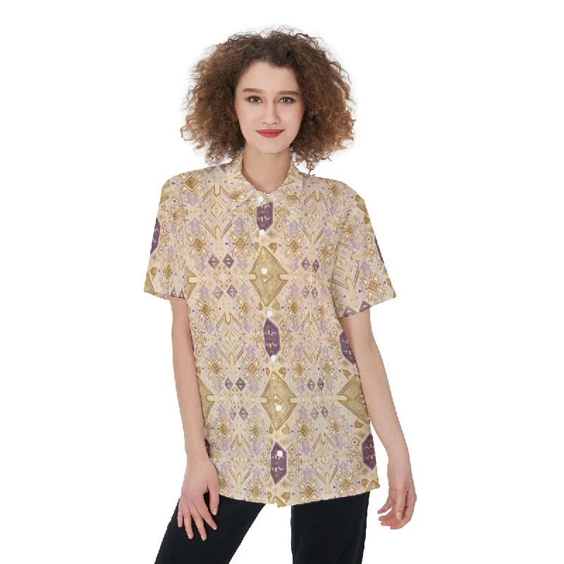 Mustard Teal Bohemian Aesthetic Print Women's Shirt Relaxed Button-Down Short Shirt