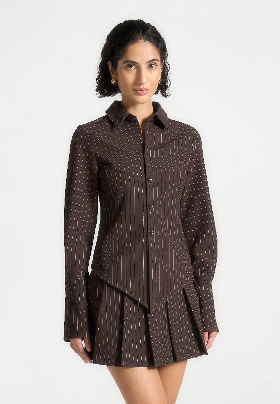 Pinstripe Angled Shirt - Brown Cozy Printed Short Shirt