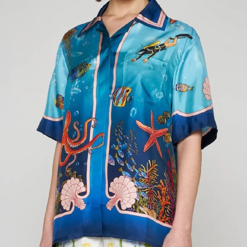 Premium Fond Marin print silk shirt Trendy Floral Print Tee