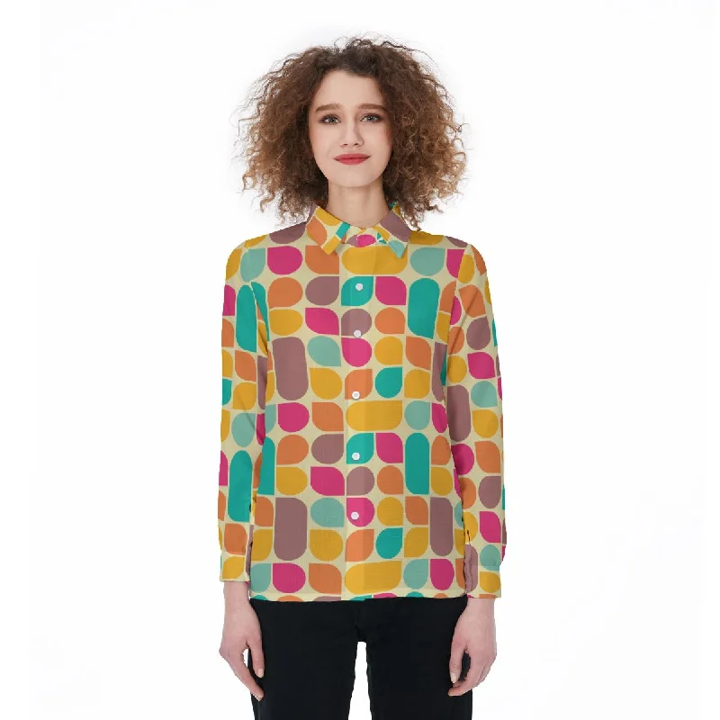 Retro 60's 70's Geometric Shapes Pattern Women's Shirt Comfortable Fit Short Shirt