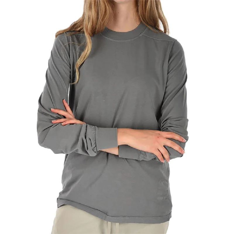 Rick Owens Women's DRKSHDW Cotton Long Sleeve Crew Shirt Stone Grey Fashionable Cuffed Short Sleeve