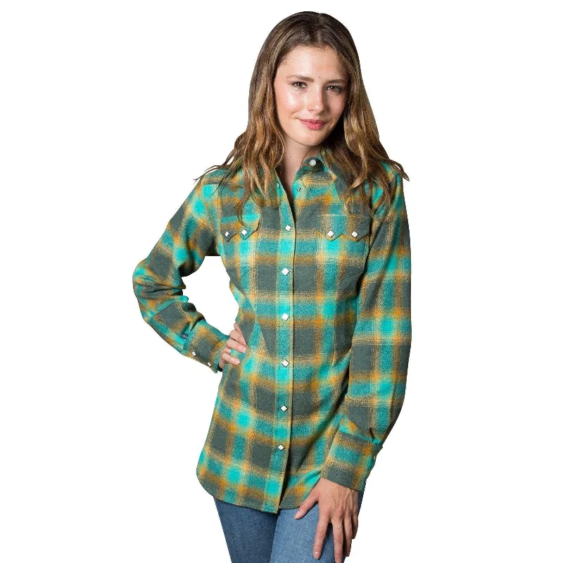 Rockmount Ranch Wear Womens Green & Turquoise Plaid Flannel Western Shirt Classic Cropped Short Sleeve