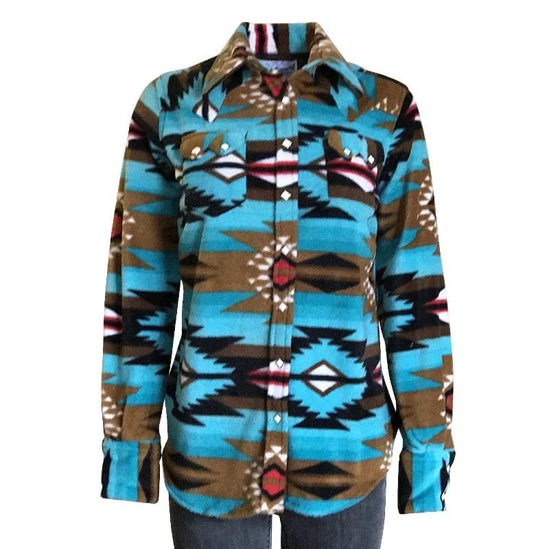 Rockmount Ranch Wear Womens Native Pattern Turquoise Fleece Western Shirt Elegant High-Low Short Shirt