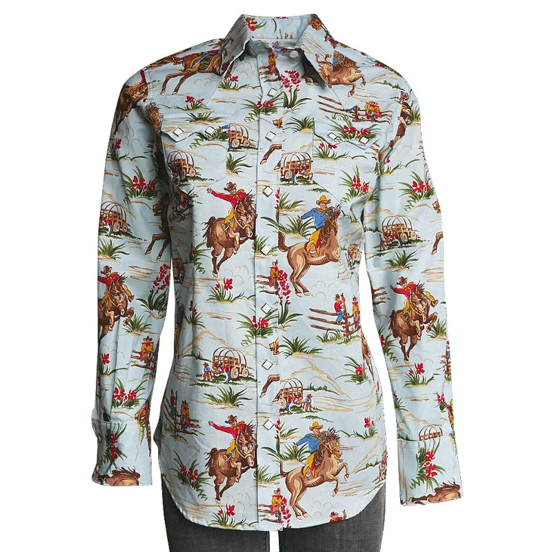 Rockmount Ranch Wear Womens Retro Cowboy Print Western Shirt Comfortable Loose Short Sleeve