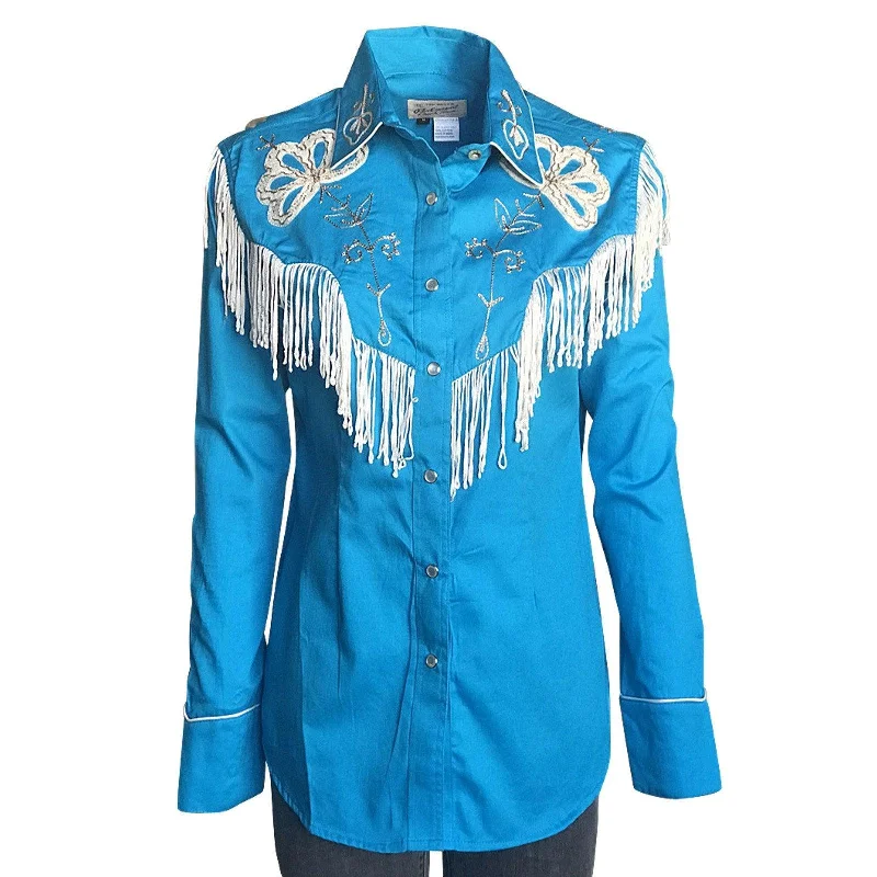 Rockmount Ranch Wear Womens Turquoise Fringe Embroidered Western Shirt Trendy Tie-Front Short Shirt