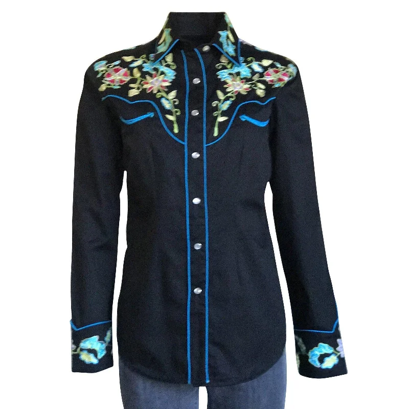 Rockmount Ranch Wear Womens Vintage Floral Embroidered Western Shirt Classic Basic Short Shirt