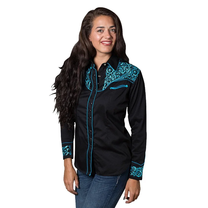 Rockmount Ranch Wear Womens Vintage Tooling Embroidery Western Shirt in Black & Turquoise Fashionable Draped Short Sleeve