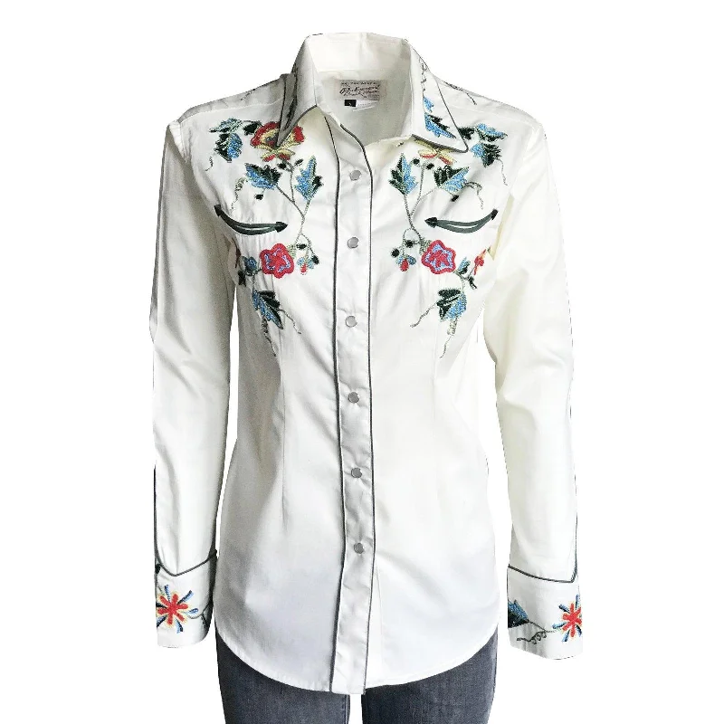 Rockmount Ranch Wear Womens White Floral Embroidery Western Shirt Fashionable Cuffed Short Sleeve