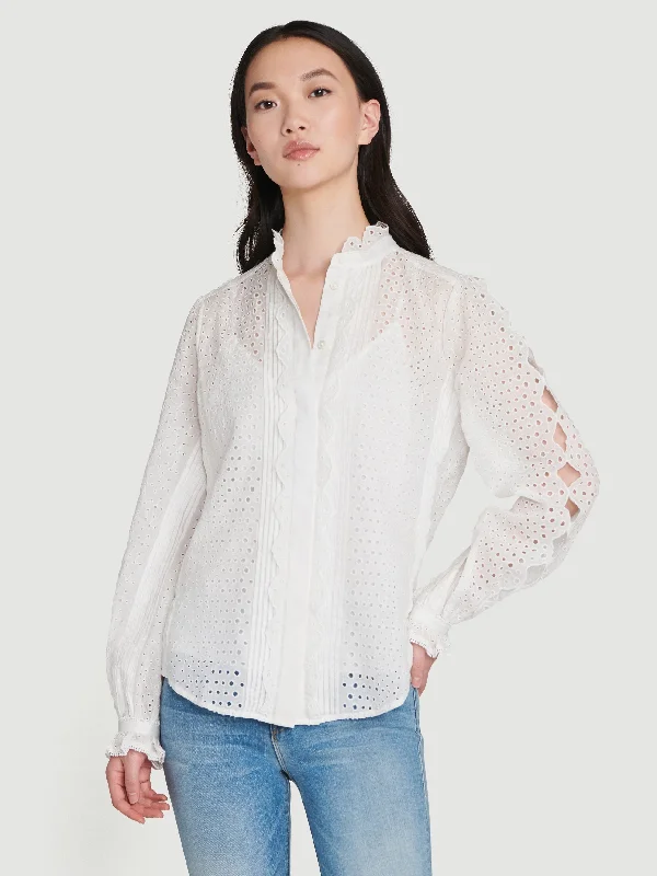 Scallop Button Down Shirt -- Blanc Cozy Loose Fit Short Sleeve