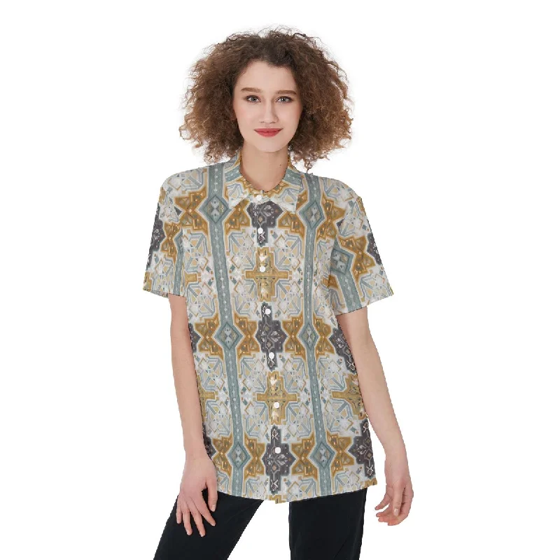 Silver Mustard Teal Aesthetic Bohemian Print Women's Shirt Fashionable Draped Short Sleeve