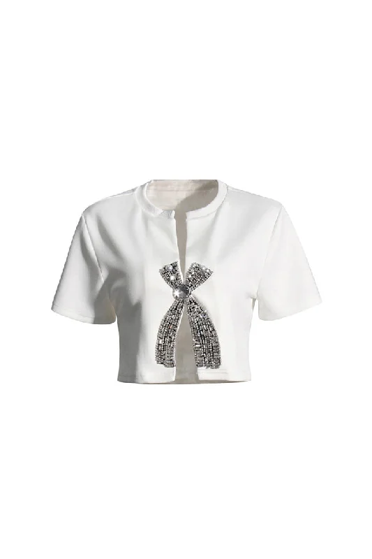 Sparkly Crew Neck Split Crystal Bow Embellished Short Sleeve Crop T Shirt Chic Button-Up Short Shirt