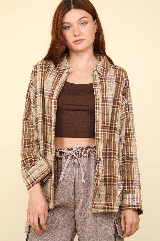 Contrast Plaid Raw Detail Taupe Shirt - Comfy & Casual Stylish Striped Short Sleeve