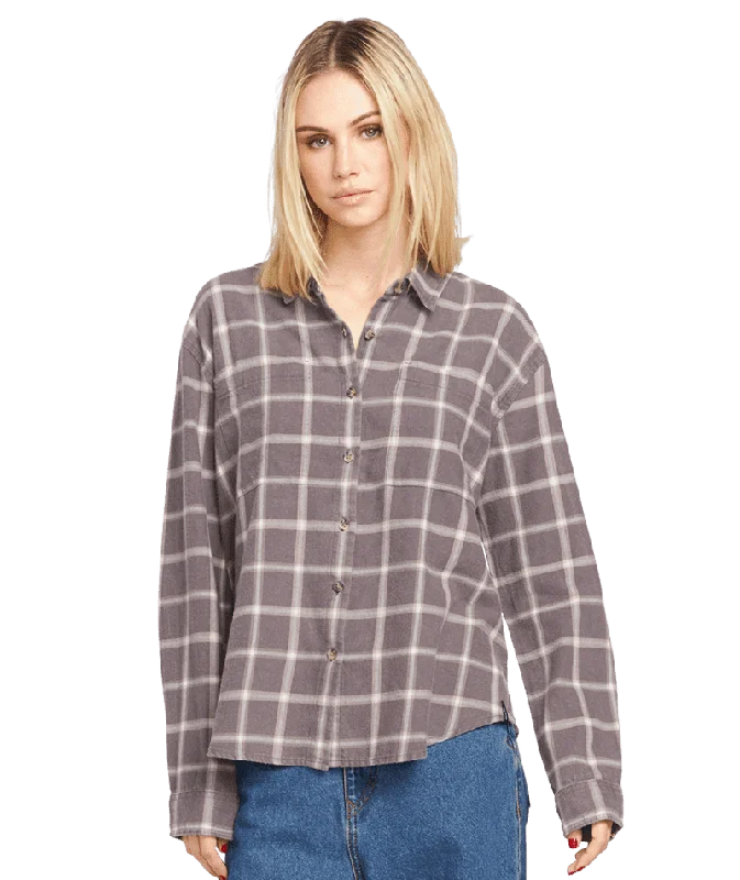 VOLCOM Women's Plaid To Meet U 2 Long Sleeve Shirt Dark Grey Stylish Casual Short Tee