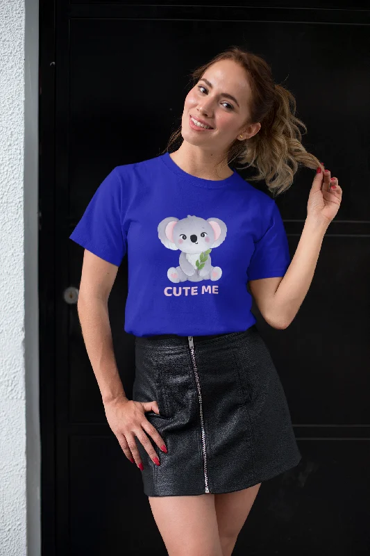 Women Round Neck Royal Blue T Shirt Cute Me Koala Cozy Linen Short Shirt