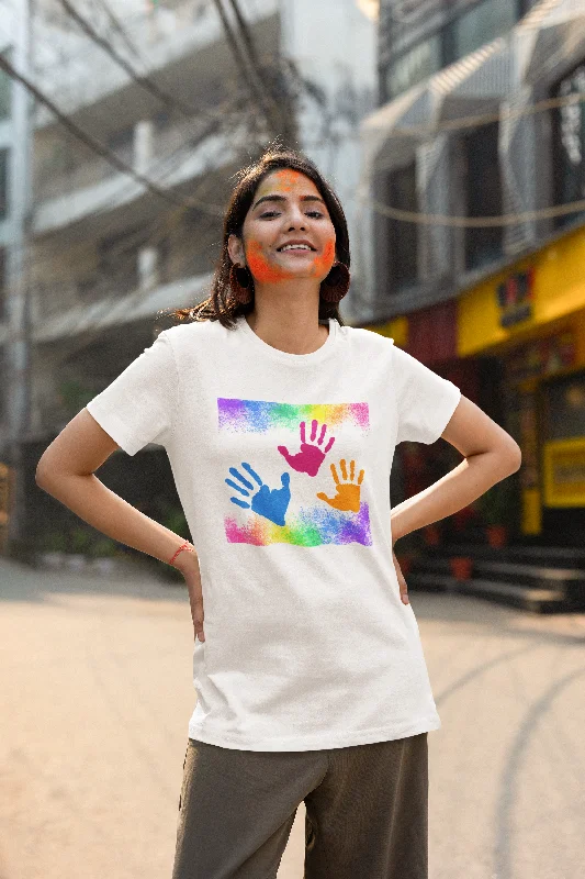 Women Round Neck T Shirt Holi Colourful Hands Cozy Summer Short Shirt