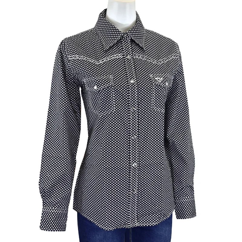 Women's Cowgirl Hardware Black Donut Long Sleeve Western Shirt Comfortable Flowing Short Sleeve