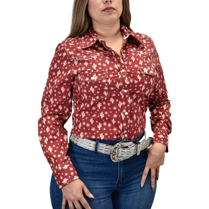 Women's Cowgirl Hardware Burgundy Daisy Cactus Long Sleeve Western Shirt Fashionable Draped Short Sleeve