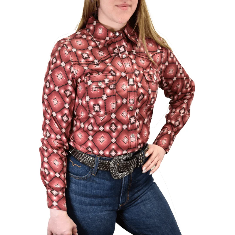 Women's Cowgirl Hardware Burgundy Diamond Aztec Long Sleeve Western Shirt Classic Basic Short Shirt