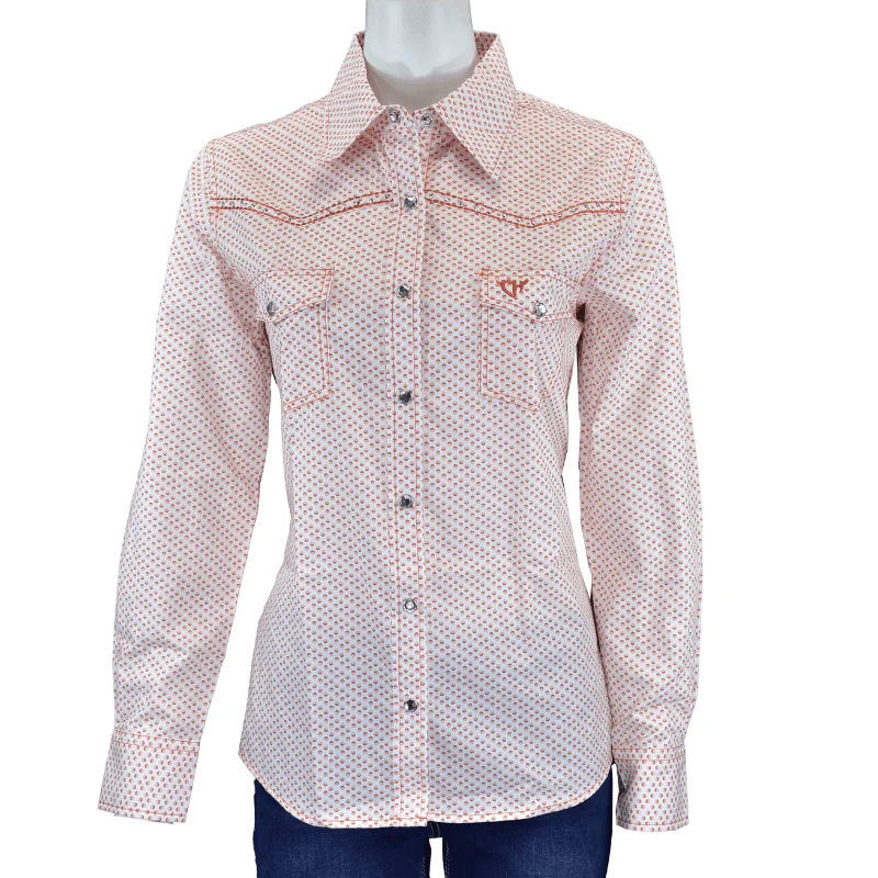 Women's Cowgirl Hardware Coral and White Donut Long Sleeve Western Shirt Fashionable Pleated Short Shirt