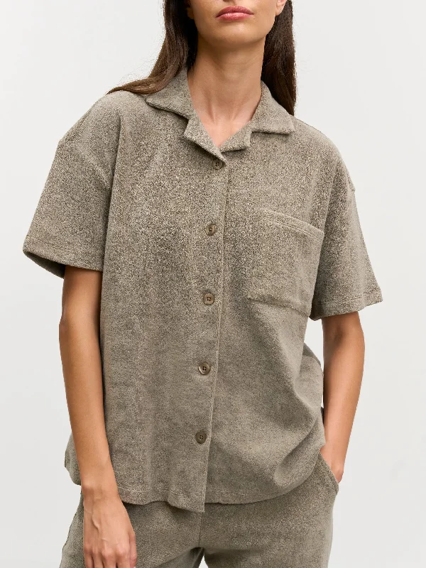 Womens Towelling Revere Collar Shirt in Taupe Comfortable Short Sleeve Tunic