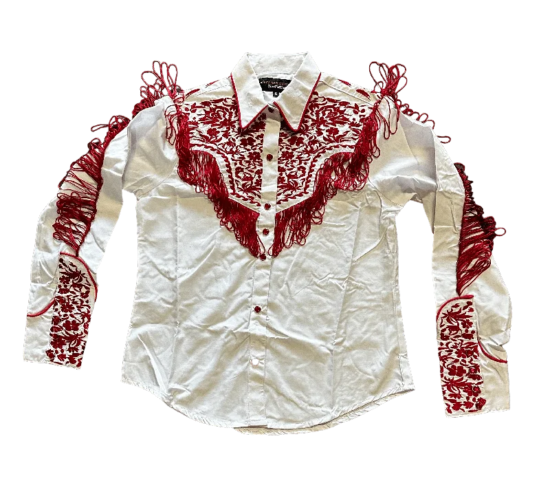 Women's White and Red with Fringes Western Shirt Stylish Short Sleeve Polo