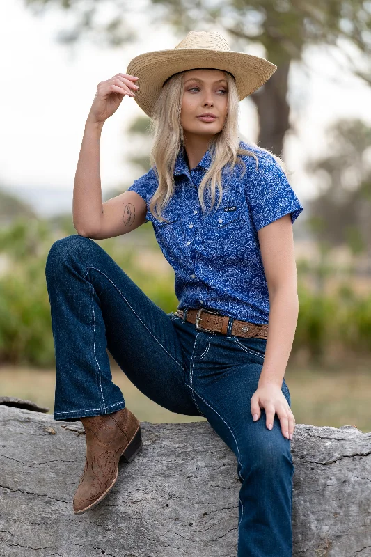 Wrangler Ladies Sheilah S/S Shirt - Blue/White - X3S2132599 Relaxed Fit Short Shirt