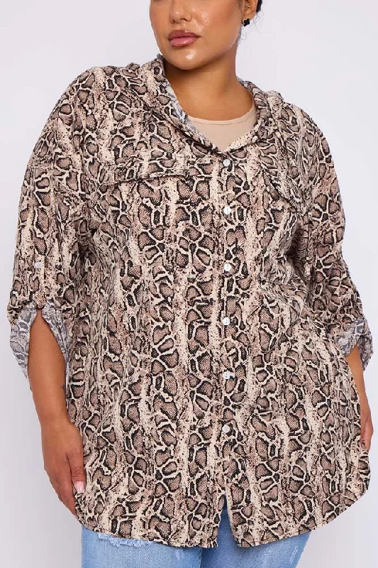 Zebra Print Pockets Drawstring Hoodie Shirt Chic Button-Up Short Shirt