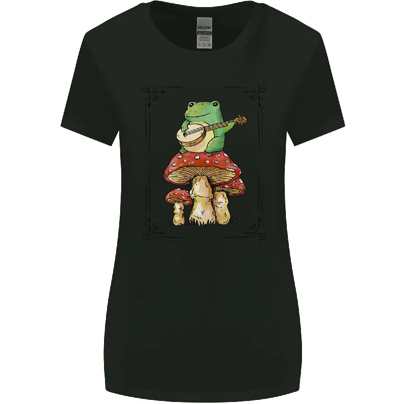 A Frog Playing the Guitar on a Toadstool Womens Wider Cut T-Shirt Collared Crew Neck Turtle Neck