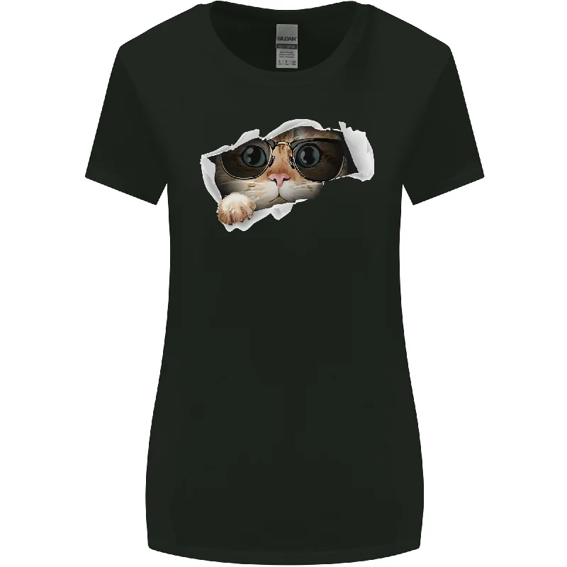 A Funny Cat Peeking From a Ripped Top Womens Wider Cut T-Shirt Welt Pockets Slit Pockets Flap Pockets