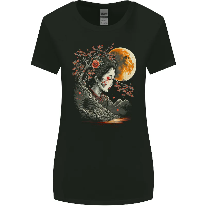 A Geisha Girl Cherry Blossom Moon Fantasy Womens Wider Cut T-Shirt Collared Crew Neck Turtle Neck