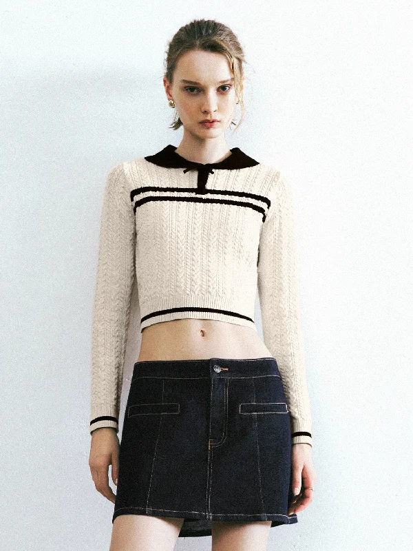 Bow Décor Knitted T-Shirt Mesh Canvas Denim