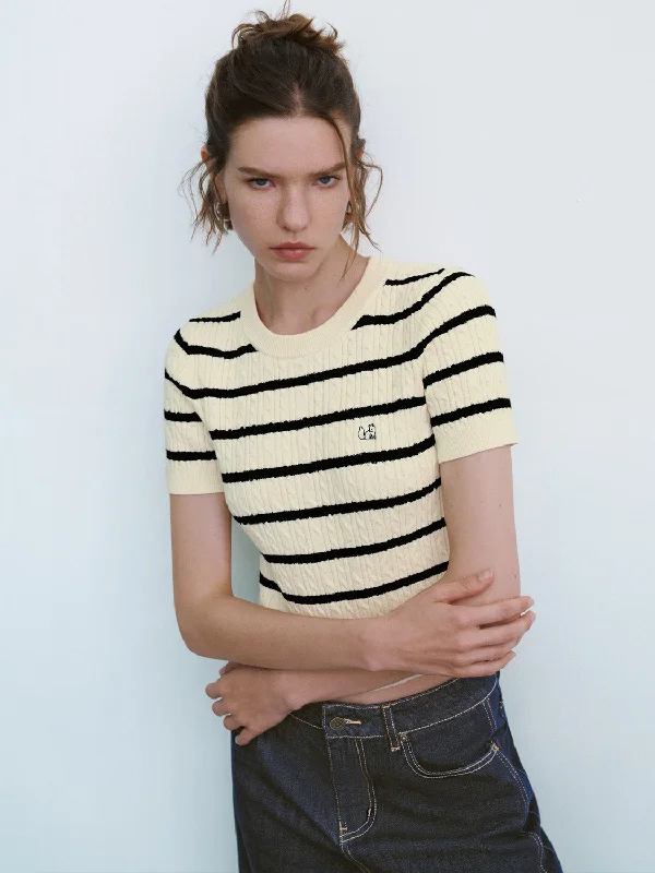 Crew Neck Skinny Knitted T-Shirt Plaid T-Shirt Polka Dot Checkered