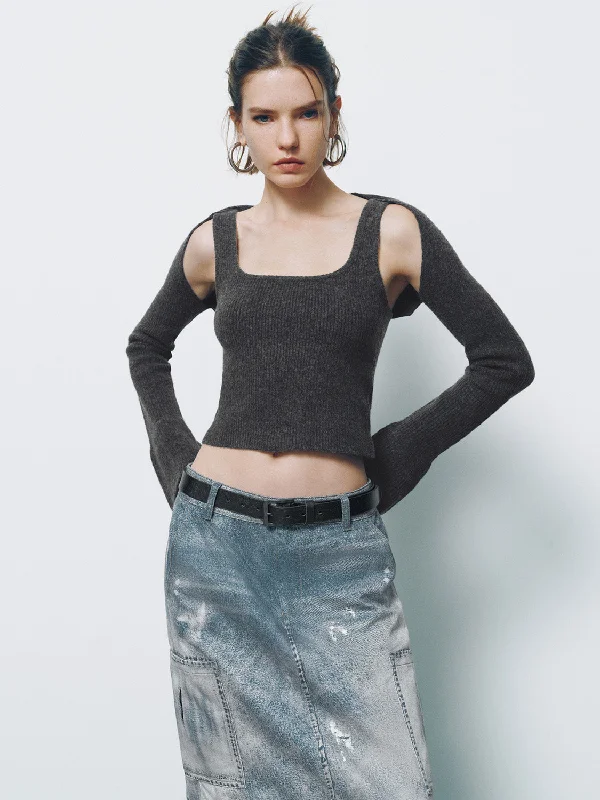 Cut-Out Skinny Knitted T-Shirt Fashionable Trendy Casual